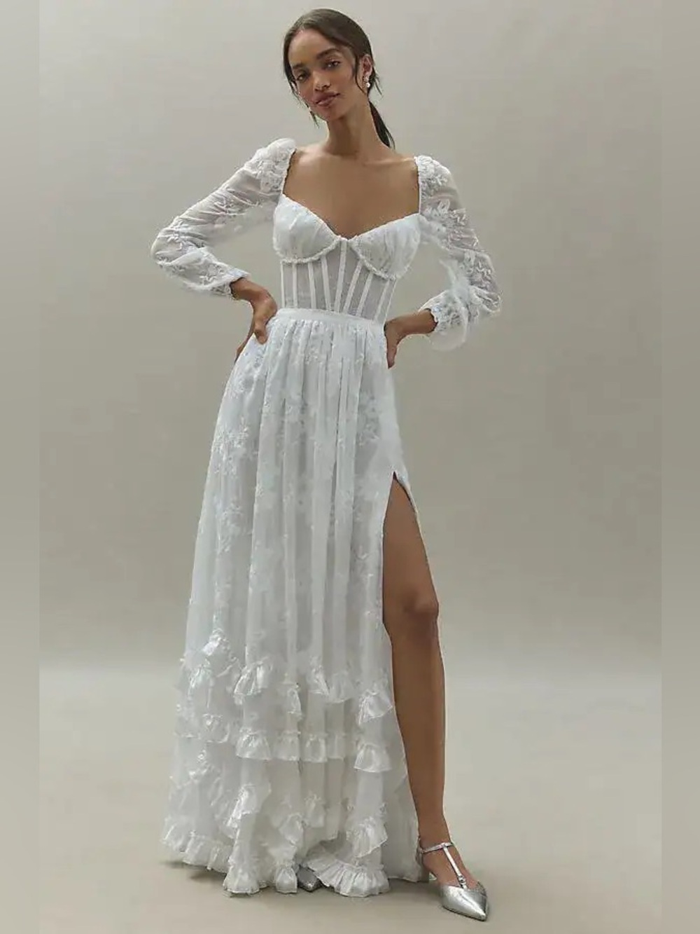 NWT V. Chapman Carmella Long Sleeve Embroidered Ruffled White Chiffon Maxi Dress